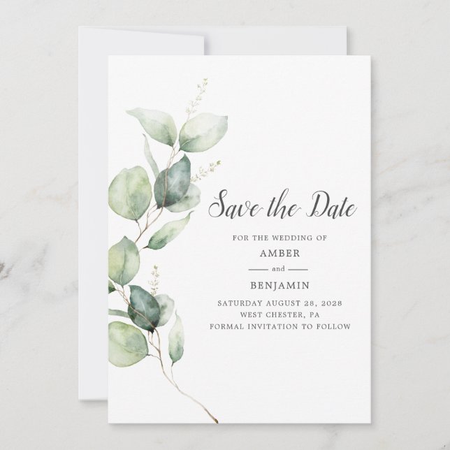 Eukalyptus Greenery Script Save the Date (Vorderseite)
