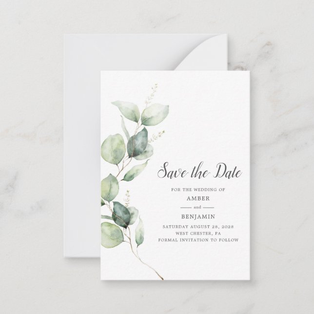 Eukalyptus Greenery Script Wedding Save the Date Mitteilungskarte (Vorderseite)