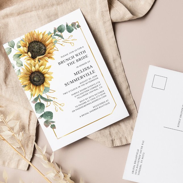Eukalyptus Greenery Sonnenblumen Brunch mit Bride Einladungspostkarte (Floral Sunflower Eucalyptus Brunch with the Bride Invitation Postcard)