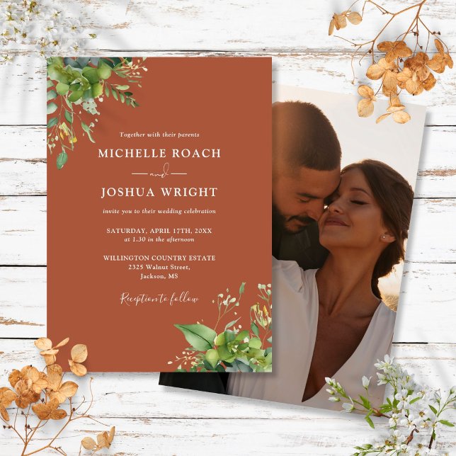Eukalyptus Greenery Terracotta Foto Wedding Einladung (Eucalyptus Greenery Terracotta Photo Wedding Invitation)