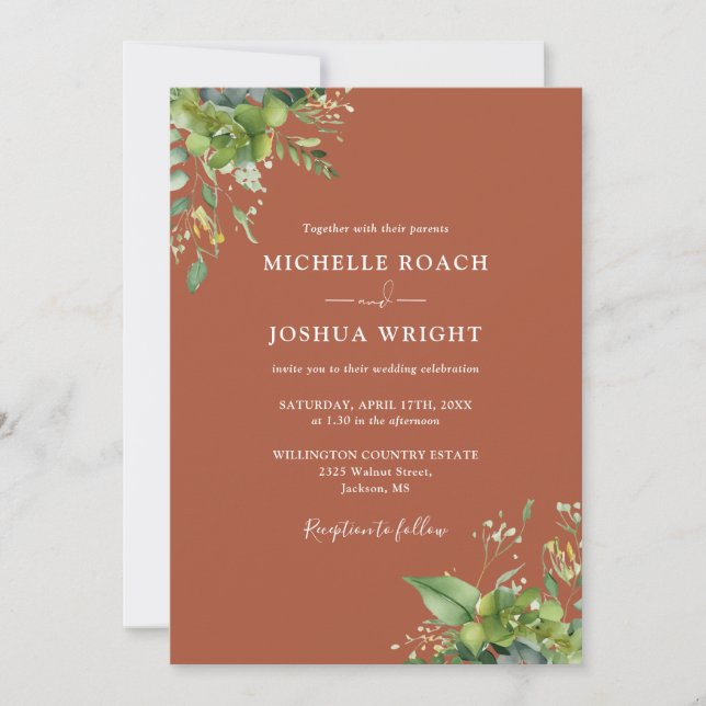 Eukalyptus Greenery Terracotta Monogram Wedding Einladung (Vorderseite)
