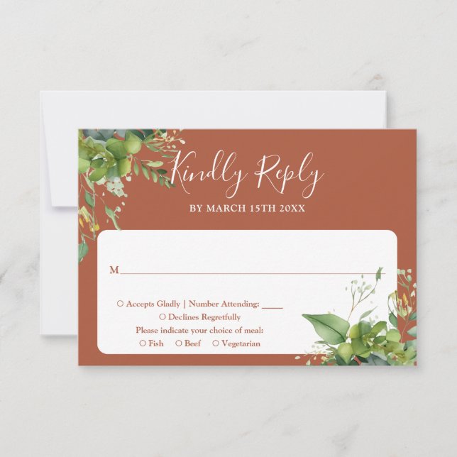 Eukalyptus Greenery Terracotta Wedding RSVP Karte (Vorderseite)