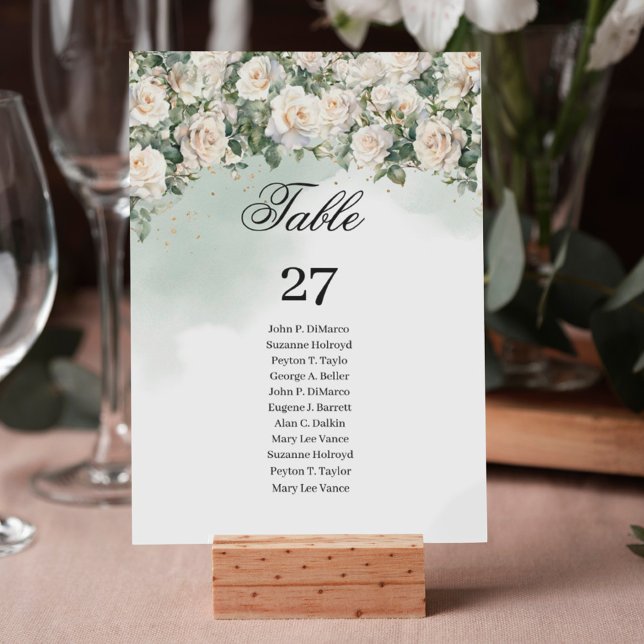 Eukalyptus Greenery und Gold Tischnummer (Romantic white roses Eucalyptus Greenery and Gold wedding table number with guest names)