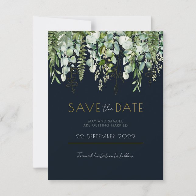 Eukalyptus Greenery und Navy Save the Date einlade (Vorderseite)