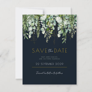 Eukalyptus Greenery und Navy Save the Date einlade