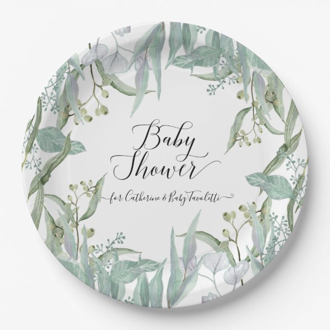 Eukalyptus Greenery Watercolor Foliage Baby Shower Pappteller (Vorderseite)