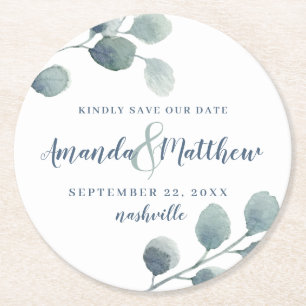 Eukalyptus Greenery Watercolor Foliage Dusty Blue Runder Pappuntersetzer