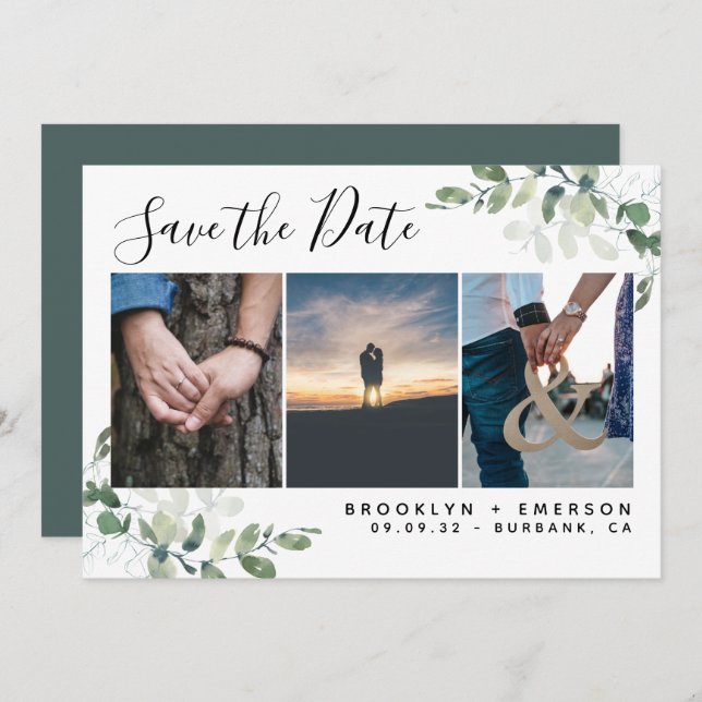 Eukalyptus Greenery Watercolor Foto Wedding Save The Date (Vorne/Hinten)