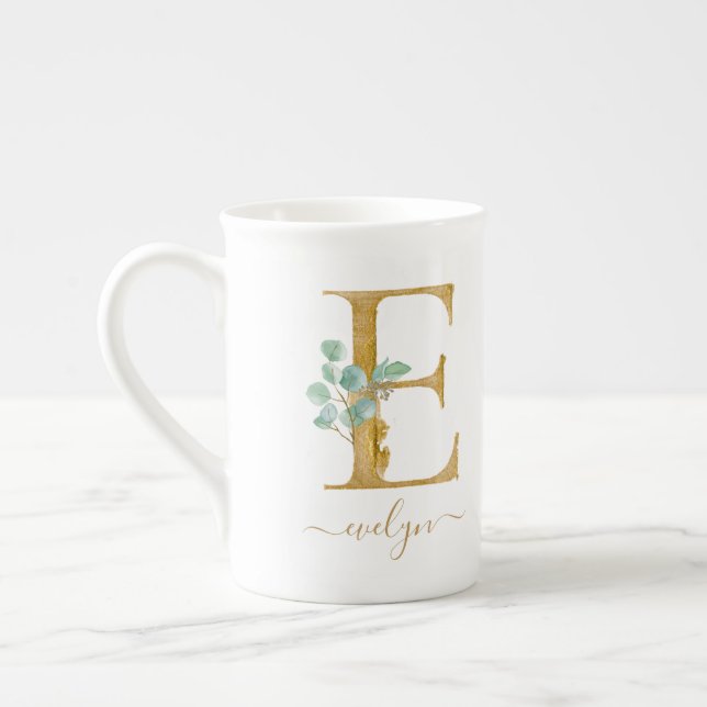 Eukalyptus Greenery Watercolor Gold Monogram E Prozellantasse (Links)