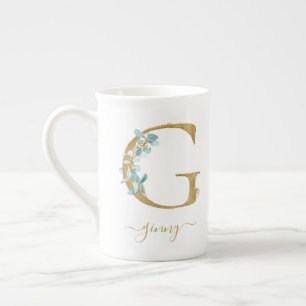 Eukalyptus Greenery Watercolor Gold Monogram G Prozellantasse