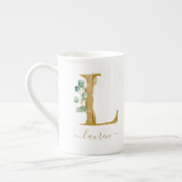 Eukalyptus Greenery Watercolor Gold Monogram L Prozellantasse
