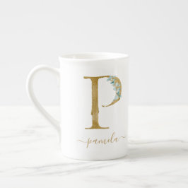 Eukalyptus Greenery Watercolor Gold Monogram P Prozellantasse