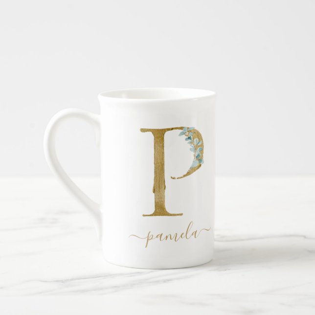 Eukalyptus Greenery Watercolor Gold Monogram P Prozellantasse (Links)