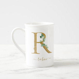 Eukalyptus Greenery Watercolor Gold Monogram R Prozellantasse