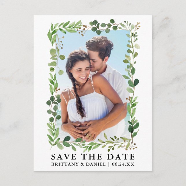 Eukalyptus Greenery Watercolor Save the Date Postkarte (Vorderseite)