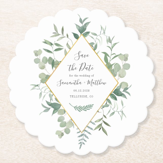 Eukalyptus Greenery Watercolor Save the Date Untersetzer (Vorderseite)