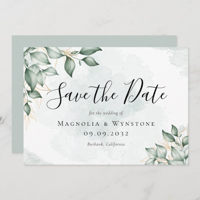 Eukalyptus Greenery Watercolor Wedding Save The Date (Vorne/Hinten)