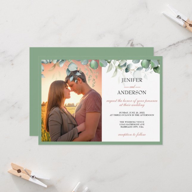 Eukalyptus Greenery Wedding Foto Einladung (Vorderseite/Rückseite Beispiel)