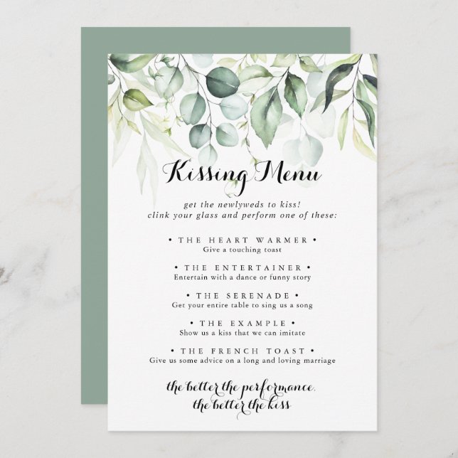 Eukalyptus Greenery Wedding Kissing Menu Game Card (Vorne/Hinten)