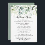 Eukalyptus Greenery Wedding Kissing Menu Game Card<br><div class="desc">Diese eukalyptus grün Hochzeit küssen Menü-Game-Karte ist perfekt für eine rustikale Hochzeitsempfang. Dieses künstlerische Design ist mit handgezeichnet,  Aquarell eucalyptus grünen Blätter,  inspirierend natürliche Schönheit.</div>
