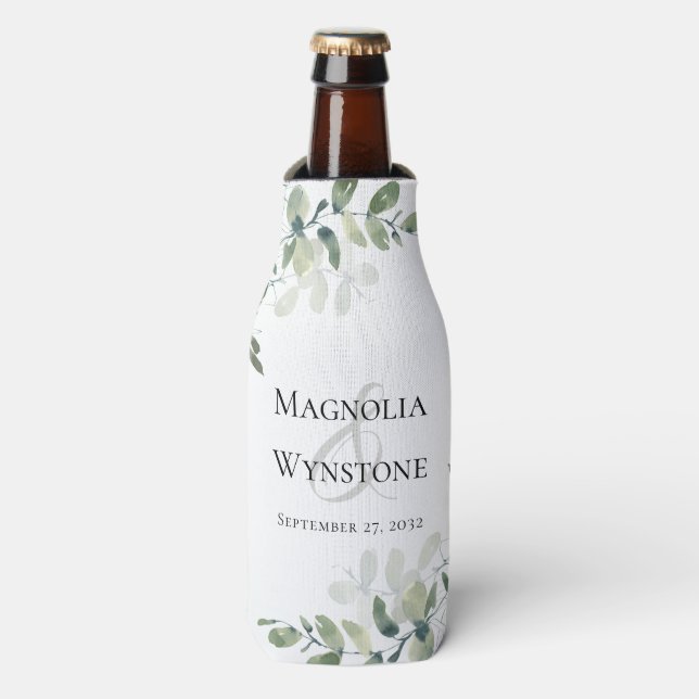 Eukalyptus Greenery Wedding Monogram Flaschenkühler (Flaschenvorderseite)
