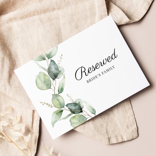 Eukalyptus Greenery Wedding Reserved Card (Watercolor Eucalyptus Greenery Wedding Reception Table Reserved Card)