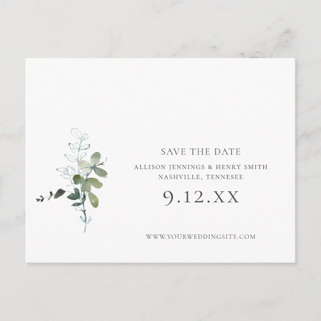 Eukalyptus Greenery Wedding Save the Date Ankündigungspostkarte (Vorderseite)