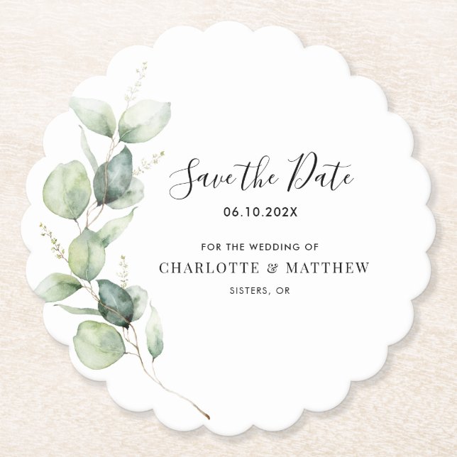 Eukalyptus Greenery Wedding Save the Date Untersetzer (Vorderseite)