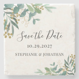 Eukalyptus Greenery Wedding speichern das Datum Steinuntersetzer