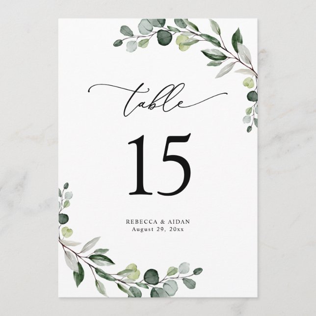 Eukalyptus Greenery Wedding Tischnummer Cards (Vorderseite)