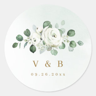 Eukalyptus Greenery white floral rustic monogram Runder Aufkleber