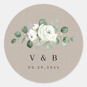 Eukalyptus Greenery white floral rustic monogram Runder Aufkleber