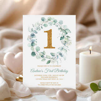 Eukalyptus Greenery Wreath Erster Geburtstag Einladung