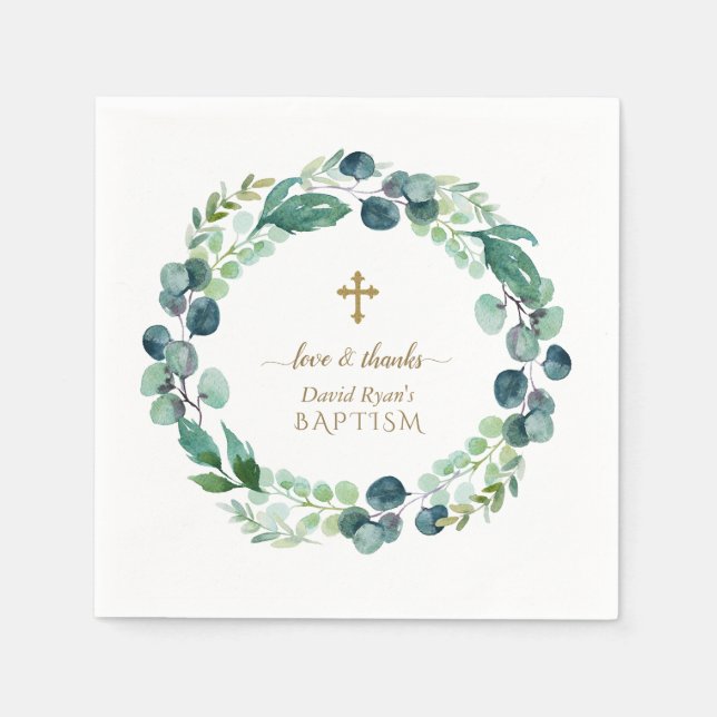 Eukalyptus Greenery Wreath Gold Cross Taufe Serviette (Vorderseite)