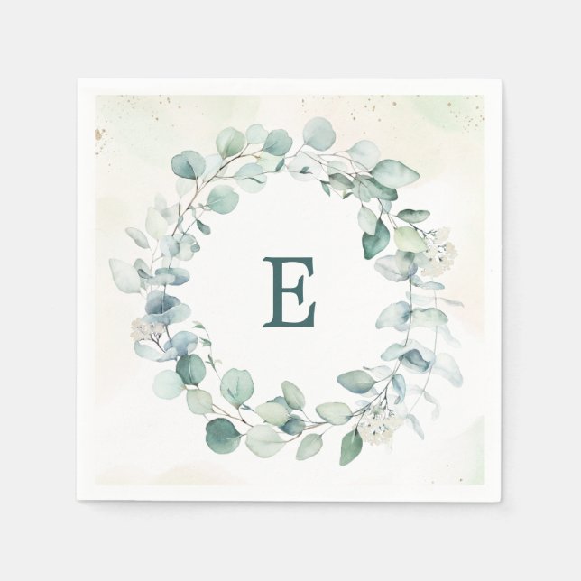 Eukalyptus Greenery Wreath Monogram Wedding Serviette (Vorderseite)