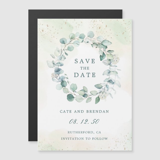 Eukalyptus Greenery Wreath Wedding Save the Date Magneteinladung (Vorne/Hinten)