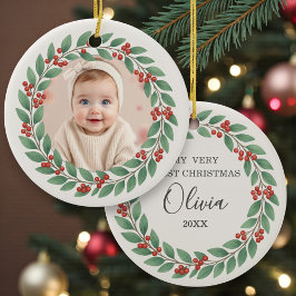Eukalyptus-Grün-Baby-Erstes-Christmas-Foto Keramik Ornament