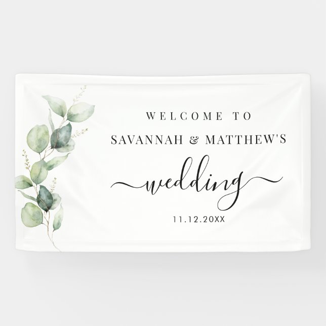 Eukalyptus-Grün Botanische Schrift Hochzeit Banner (Horizontal)