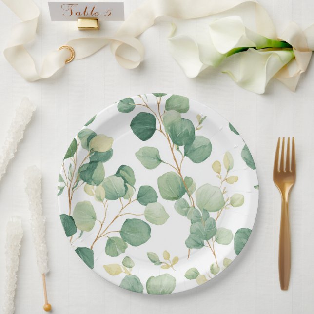 Eukalyptus-Grün Elegantes Muster Pappteller (Hochzeit)