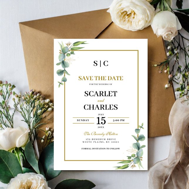 Eukalyptus-Grün Geometric Floral Hochzeit Save The Date (Eucalyptus greenery geometric Save the Date announces your special day with modern style.)