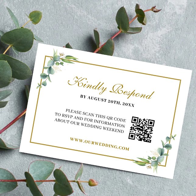 Eukalyptus-Grün Geometric Hochzeit QR-Code RSVP Karte (Eucalyptus greenery QR Code RSVP card makes guest replies easy with modern elegance.)