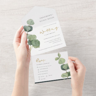 EUKALYPTUS GRÜN GOLD LAUB WASSERFARBE HOCHZEIT ALL IN ONE EINLADUNG