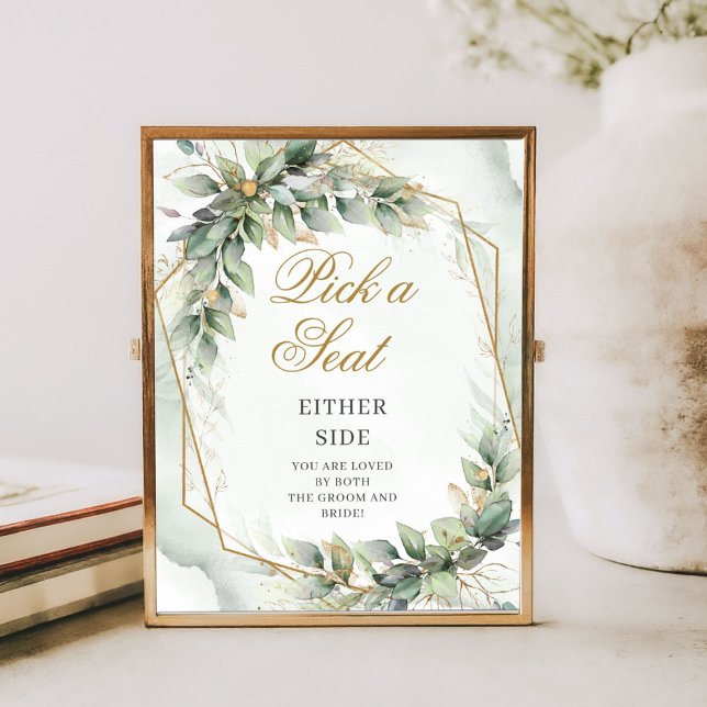 Eukalyptus grün & gold Wählen Sie einen Platz auf  Poster (Bohemian green eucalyptus and gold wedding tabletop sign)