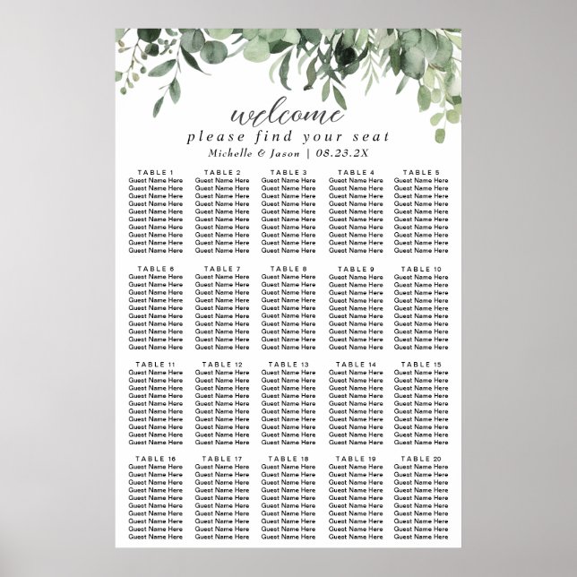 Eukalyptus-Grün-Hochzeits-Sitzplan 20 Tisch Poster (Vorne)