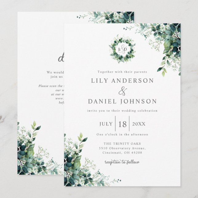 Eukalyptus-Grün-Monogramm-QR-Code-Hochzeit Einladung (Vorne/Hinten)