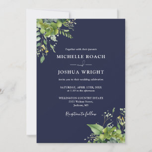 Eukalyptus Grün Navy Blau Monogramm Hochzeit Einladung