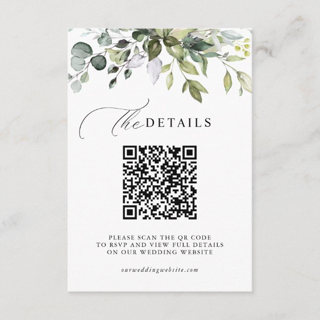Eukalyptus Grün QR Code RSVP Hochzeitsdetails Begleitkarte (Vorderseite)