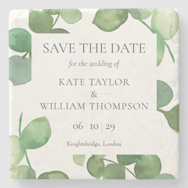Eukalyptus-Grün Save-the-Date Steinuntersetzer (Vorderseite)