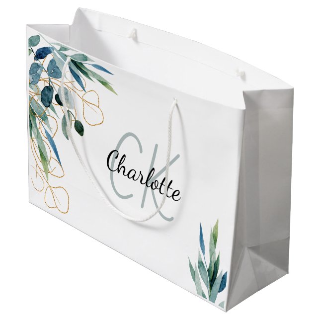 Eukalyptus-Grün weißes Gold-Monogramm Große Geschenktüte (Rückseite Schrägansicht)