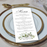 Eukalyptus & Grüne Wasserfarben Elegante Hochzeit Menükarte<br><div class="desc">Dieses wunderschöne Hochzeitsmenü bietet ein rustikales boho chic Design mit einem Skriptkalligraphietitel und einem Haufen handgemalter Aquarelltusblütenröhren und Grünpflanzen in Minz-, Moos- und Salbei-Grün-Tönen. Der Text ist vollständig anpassbar mit Platz für den Namen und das Hochzeitstag des Paares auf der Rückseite. Elegant, stilvoll und schick, ist diese Karte eine großartige...</div>